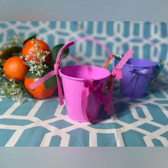 2 New! 4” Miniature Gift Buckets NWT Gift Pail Basket Handle Spring Easter Pink - Picture 2 of 9
